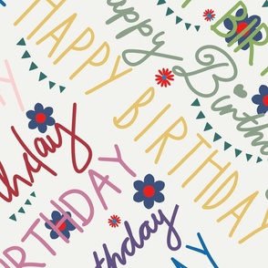 Happy Birthday hand lettering multicolor on off white - large scale
