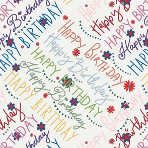 Happy Birthday hand lettering multicolor on off white - medium scale