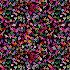 Rainbow confetti stars - colorful and sparkling star shapes in a tossed pattern - perfect for party tablecloths_ napkins_ table runners or even reuseable gift wrapping - black - medium