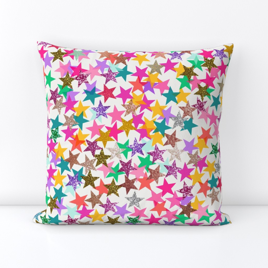Rainbow confetti stars - colorful and sparkling star shapes in a tossed pattern - white - large
