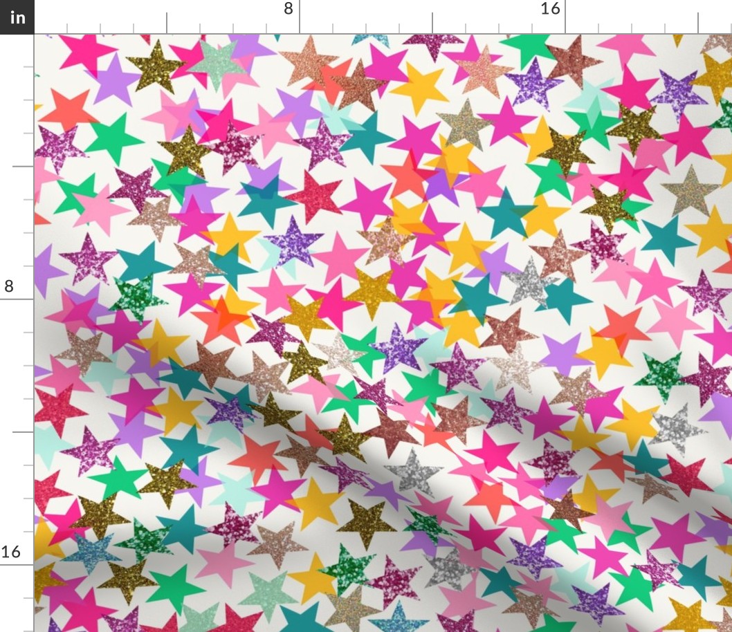Rainbow confetti stars - colorful and sparkling star shapes in a tossed pattern - white - large