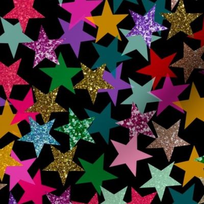 Rainbow confetti stars - colorful and sparkling star shapes in a tossed pattern - perfect for party tablecloths_ napkins_ table runners or even reuseable gift wrapping - black - large