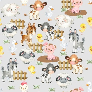 Watercolor Farm Animals on Gray Baby Nursery 21 inches Large Scale 