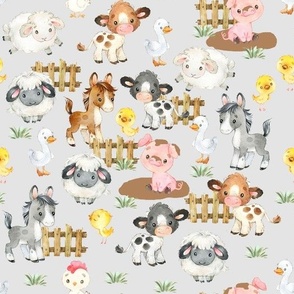 Watercolor Farm Animals on Gray Baby Nursery 10 inches 