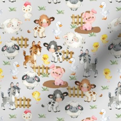 Watercolor Farm Animals on Gray Baby Nursery Small Scale 7 inches 