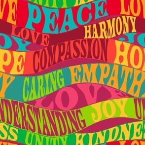 Peace & Love word art. Retro rainbow color palette. Large scale