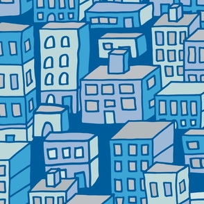 Downtown Urban City Architecture Line Drawing Buildings Highrises Skyscrapers - Pantone Ultra-Steady Blue Colour Palette - LARGE Scale - UnBlink Studio by Jackie Tahara