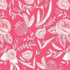 Cream Whimsy Rustic Florals on Vibrant Viva Magenta