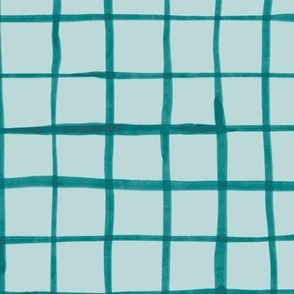 Hand Painted Watercolor Windowpane Grid, Verdigris on Pastel Aqua (Large Scale)