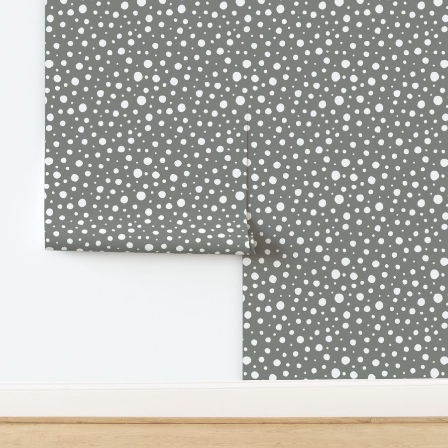 Hand Drawn Doodle Polka Dots, White on Pewter Grey (Medium Scale)