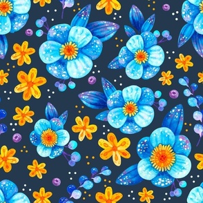 Large Scale Blue and Gold Watercolor Flowers on Navy