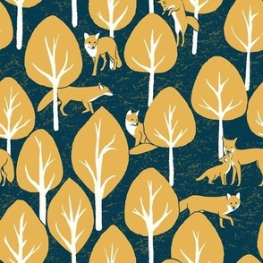 Enchanted Fox Forest with Golden Autumn Trees, dark blue, 9in