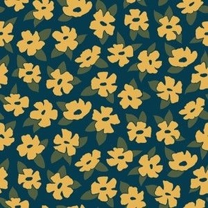 enchanted forest ditsy floral, yellow on dark navy blue, 6in