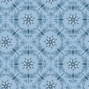 BlueDragonflies in a geometric design.