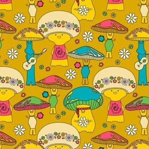 Musical mushroom friends in a 70s rainbow color palette. Small scale