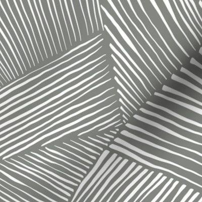 Hand Drawn Polygon Stripes Patchwork, White on Pewter Grey (Medium Scale)