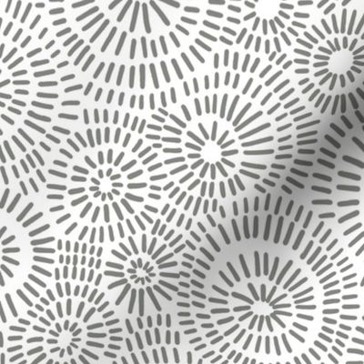 Hand Drawn Sun Burst Geometric Circles, Pewter Grey and White (Medium Scale)