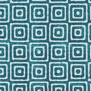 Geometric Concentric Squares Batik Block Print in Teal Lagoon and Sea Glass (Large Scale)