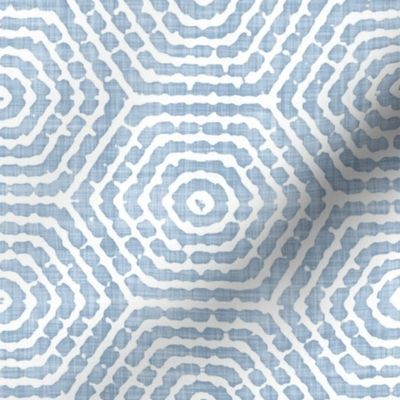 Retro Concentric Striped Hexagons Batik Block Print in Light Fog Blue and White (Large Scale)