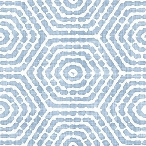 Retro Concentric Striped Hexagons Batik Block Print in Light Fog Blue and White (Large Scale)