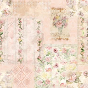 27" Floral Watercolor Vintage Flowers Collage Pink Cream