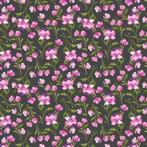 Small Bohemian Watercolor Florals - Pink and Green on  Charcoal Gray