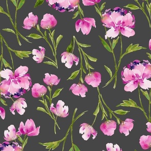 Medium Bohemian Watercolor Florals - Pink and Green on  Charcoal Gray