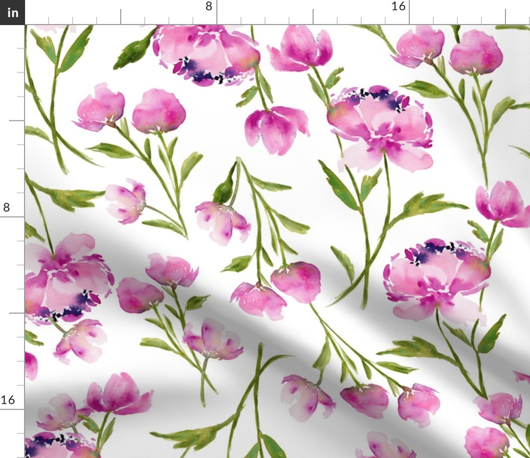 Medium Bohemian Watercolor Florals - Pink and Green on  White