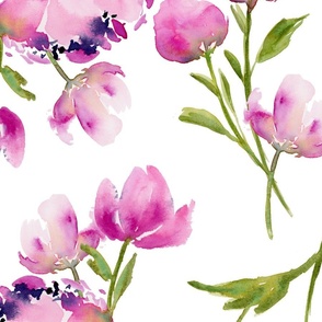 Large Bohemian Watercolor Florals - Pink and Green on  White