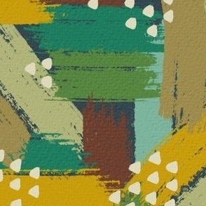 Pattern Clash: Brush Strokes vs Polka Dots (Blue, Green, Ochre, Brown) (Medium Scale)