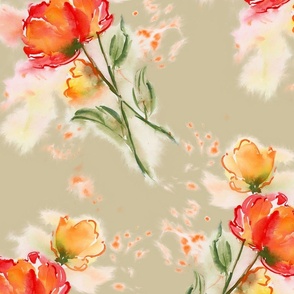 Large Painterly  Marigold Orange Watercolor Florals on Mustard Yellow