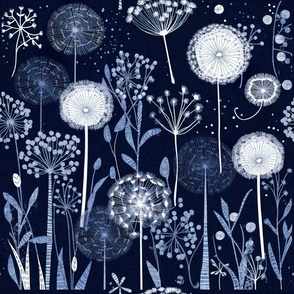 Navy Dandelions Floral pattern Dandelion and White