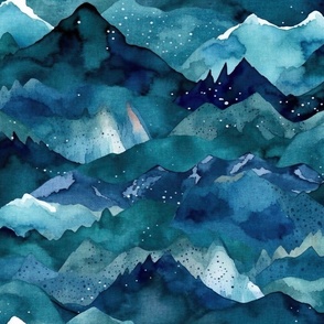 Mountains Watercolor Blue Deep Teal Indigo Mountain