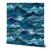 Blue Mountains Watercolor Deep Teal Indigo Mountain