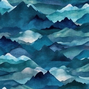 Blue Mountains Watercolor Deep Teal Indigo Mountain