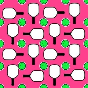 Pickleball Pink and Green, White Pickleball Paddles and Green Pickleball Balls on Bubblegum Pink