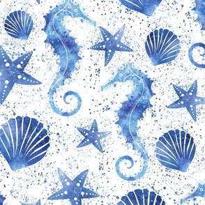 Under The Sea Marine Life Navy Blue Watercolor Summer Pattern On White
