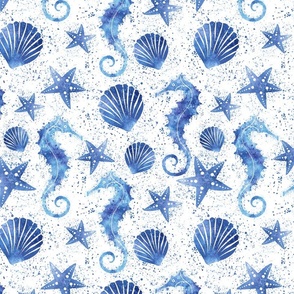 Under The Sea Marine Life Navy Blue Watercolor Summer Pattern On White Smaller Scale