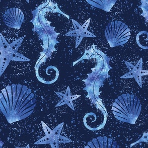 Under The Sea Marine Life Navy  Watercolor Summer Pattern On Dark Blue