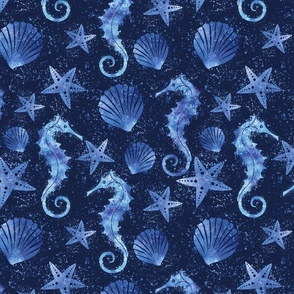 Under The Sea Marine Life Navy  Watercolor Summer Pattern On Dark Blue Smaller Scale