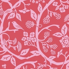 Pink themed monochromatic botanical print - cut paper and William Morris style .