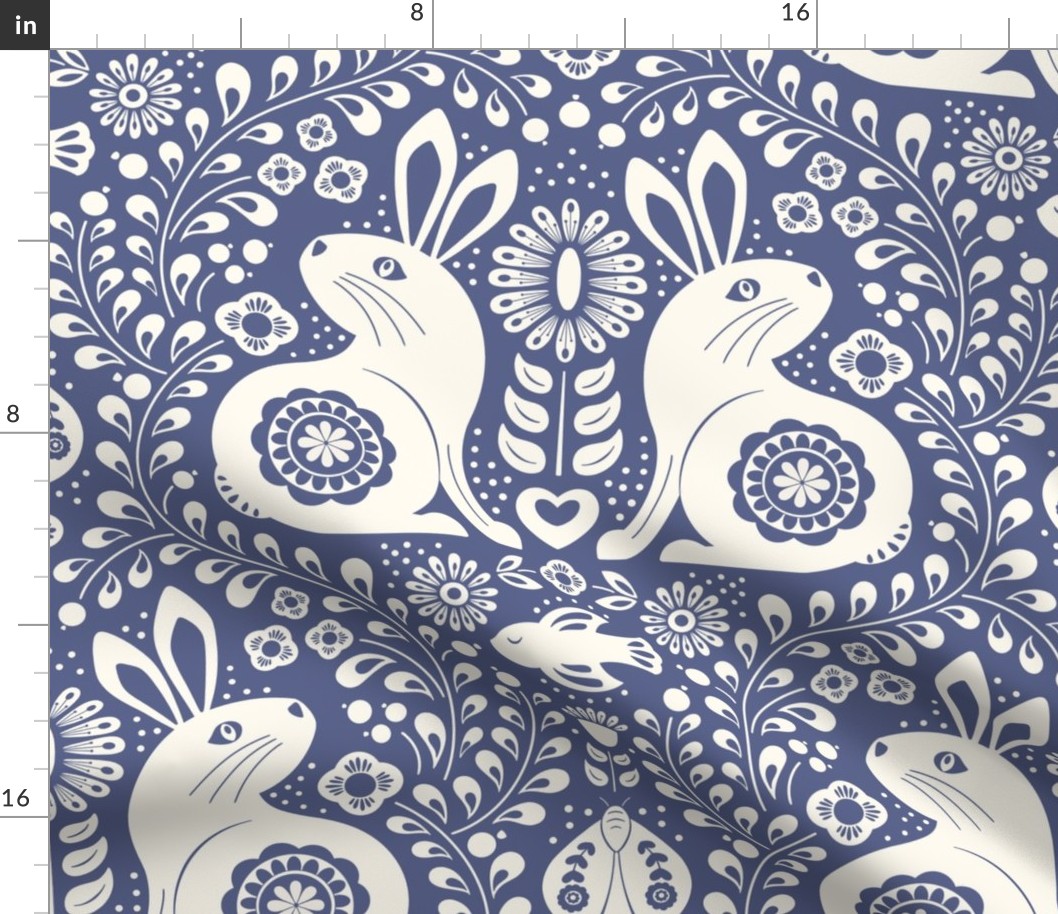 Scandi folk rabbit  damask in navy indigo blue