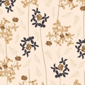 (M) whimsical tan, brown and black flowers in lines with leaves on beige