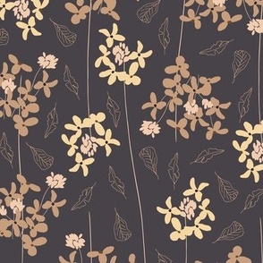 (M) whimsical yellow, beige and brown flowers in lines with leaves on dark taupe