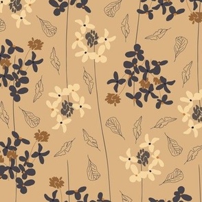 (M) whimsical yellow, brown and black flowers in lines with leaves on tan brown