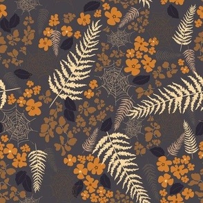 (M) orange flowers and cobweb, yellow and tan fern and black leaves on charcoal