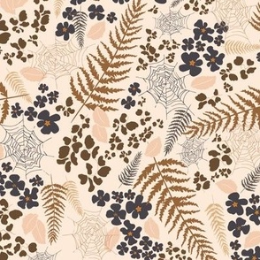 (M) taupe flowers and cobweb, copper and brown fern on beige