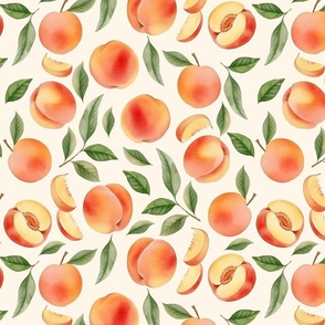 14" Hand painted Watercolor peaches and leaves Meadow- Whimsical fruits and peach chunks for nursery, kids decor, and home decoration  soft white