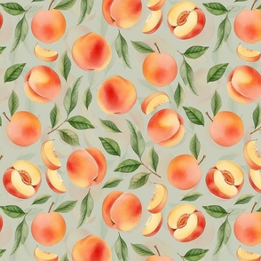 14" Hand painted Watercolor peaches and leaves Meadow- Whimsical fruits and peach chunks for nursery, kids decor, and home decoration  soft green double layer