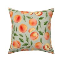 14" Hand painted Watercolor peaches and leaves Meadow- Whimsical fruits and peach chunks for nursery, kids decor, and home decoration  soft green